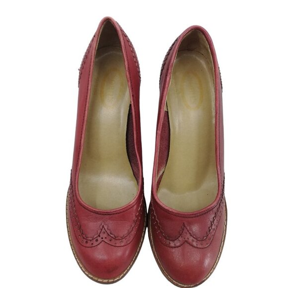 Vintage Nobils Wingtip Red Heels Pumps Size 7.5 M Red Leather Classic 70s - Picture 2 of 12